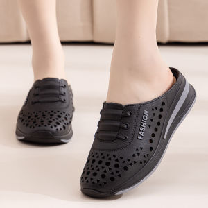 Free Shipping New Flat-Soled Non-Slip Closed-Toe Slippers For Mothers Featuring A Faux Leather Upper A Wedge Heel And A Perforated Design Suitable For Outdoor Wear WomenS Slippers