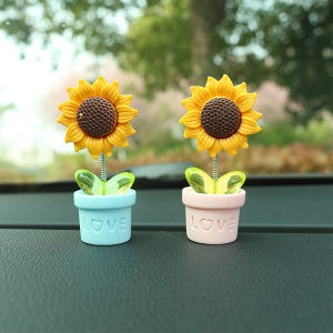 [caichuitan] 1PC Cute Cartoon Car Center Console Decoration Simulated Potted Sunflower Desk Ornaments Swinging Potted Sunflower Car Accessories