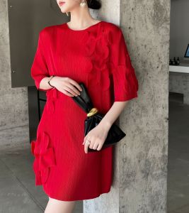 1883 Plus Size Loose Casual Dress For Women Summer Miyake Pleated Sweet Fresh One Size (45-75kg)