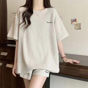 Sports Letter Set Womens Summer Korean Edition Loose Fashion Short Sleeve Shorts Casual Two Piece Set