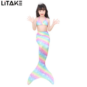 2Pcs/set Girl Kid Swimsuit Halter Bra + Mermaid Tail Colorful Split Swimwear for 3-12Y