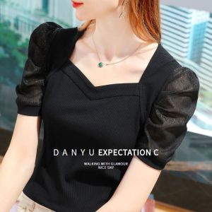 V-neck Womens T-shirt Womens Short Sleeves Tops Summer New Ice Silk Cotton Womens T-shirt Fashion Bubble Sleeve Tops Shirt