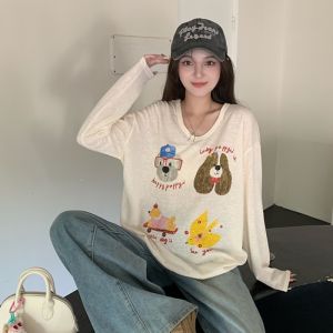 GDTIMA White Cute Dog Print U-neck Long Sleeved T-shirt For Women Autumn Loose Casual Top