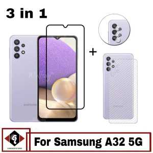 Paket 3-IN1 Tempered Glass layar Dan Camera Samsung A32 5G Bonus Skin Carbon Back Cover
