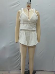 2026 Comfortable Lamb Wool Ruffled White Camisole Shorts Two-Piece Pajama Set for Women Homewear