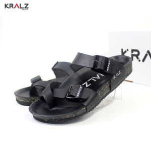KRALZ Japan Sendal Pria Slide Casual Slipper Sandal Cowok Santai Kulit Nubuck - Cross Hitam
