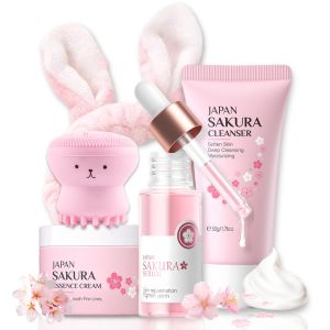 Skincare Set Sakura Teen Girls Gifts Christmas Birthday - Skin Care Set for girls Ages 8-12 - Hydrating Skincare for Teens 10-12 - Travel Size Facial Kit for Women with CleanserBunny Headband5pcs