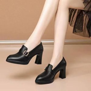 Waterproof Platform High Heel Womens Shoes Thick Sole Leather Shoes Black School Shoes