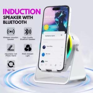 ZJ08 Bluetooth Wireless Induction Speaker Phone Holder RGB & Rotating 360° With power bank Rotation Compatible with PHONE HOLDER SPEAKER