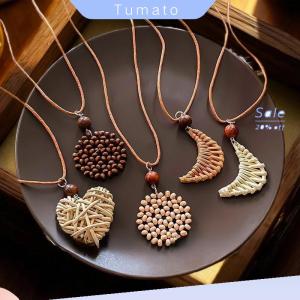 Tumato Bohemian Handmade Wooden Straw Woven Heart Moon Long Pendant Necklaces Adjustable Rope Chain Chokers For Women Birthday Gift