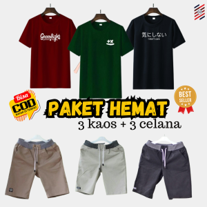 3 Celana pendek + 3 kaos Motif stelan pria Dewasa