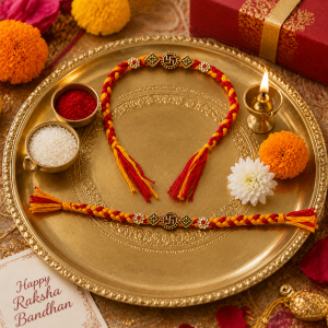 Om Designer Rakhi with Red & Orange Braided Thread | Traditional Stone Work Raksha Bandhan Rakhi for Brother | Festive Gift Rakhi (Pack of 1 Pc)