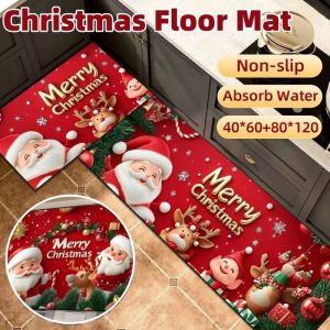Christmas Floor Mat 2Pcs Non Slip Santa Claus Elk Printed Doormat for Kitchen Home Entrance Decor