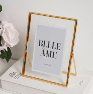 Elegant Gold Metal Glass Photo Floating Frame Desk Foldable Picture Frames with Stand for Portraits Landscape Home Decor