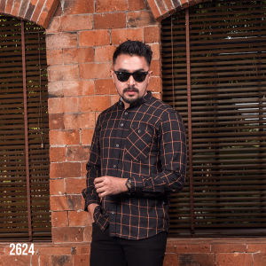 DGM Kemeja Pria Flannel Kerah Sanghai Koko Lengan Panjang Premium Kemeja Koko Hitam Garis Orange 2624