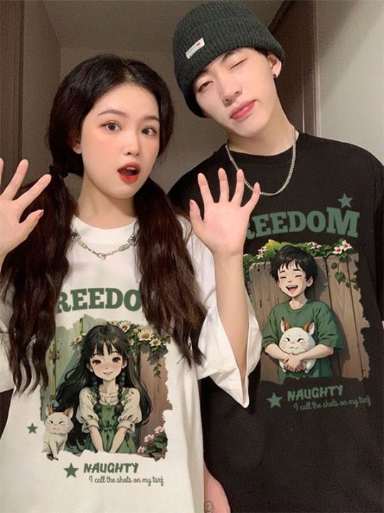 Couple T-shirt Mens T-shirt Womens Round Neck Printed Sando Casual