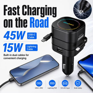 4-in-1 Retractable Car Charger USB C 45W Lightning15W Emergency Window Breaker Retractable Cable Fast Charging 180° Rotation