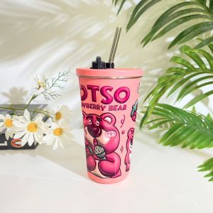 แก้วเก็บความเย็นลายการ์ตูนพร้อมหลอด+จุดปิด เก็บความร้อน  600ml./ 20 oz. สแตนเลส 304 M-1 (600ml) การ์ตูน