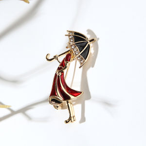 LYM Rhinestone Girl Wearing Umbrella Collar Brooch Pins Jewelry Gift