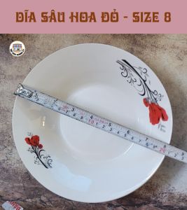 Dĩa tròn sâu gốm sứ họa tiết Hoa đỏ