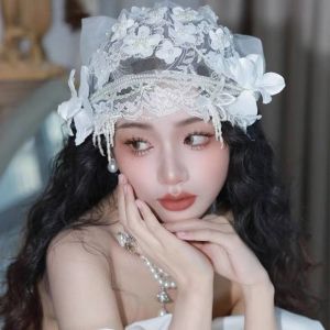 PUREGLOW Hạt ngọc trai Mũ cô dâu Ren hoa văn Trắng Phụ kiện tóc cưới Tinh xảo Sang trọng Tiệc tùng