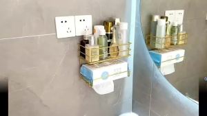 Home Gold Bathroom Shelf Punch-Free Shelves Shower Storage Wall Mounted Rack Luxury Toilet Paper Cosmetic Accessories Organizer