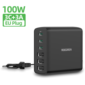 Rocoren 100W GaN Desktop Charger USB Type C 6-Port 3 Type C 3 USB A Fast Charger  for MacBook iPhone 14 13 Pro Max Samsung and More