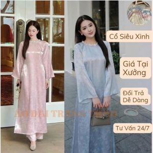 Áo dài gấm cách tân ( đính ngọc cổ siêu xinh ) tay dài loe dáng xuông áo dài đẹp sang chảnh