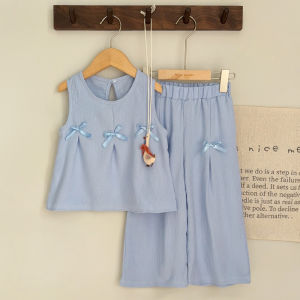 Menoea Baby Girl Casual Clothing Sets Summer New Blue Bow Cute Breathable Sleeveless Vest Tops and Pants Two-piece Suits Outfits for 3 To 7 Years Kids Outwear Clothes
