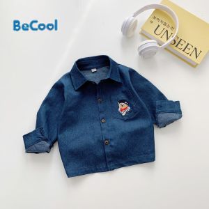 Áo Sơ Mi Dài Tay Bò Thêu Gấu Chất Bò Giấy Co Giãn Cho Bé Trai Đi Học Đi Chơi Từ 10-30kg MINKY BABY