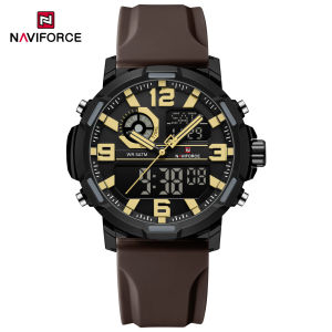 NAVIFORCE Original Dual Time Watch for Men LCD Digital Quartz Movement Multi-functional Calendar Date Night Pattern Silicone Strap Waterproof 50m Mens Fashion Leisure Outdoor Watch NF7130