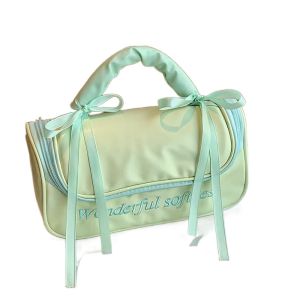 OMQAIO PU Leather Womens Makeup Bag Waterproof Ballet Style Washing Storage Bag Portable Handbag Bowknot Cosmetic Bag Travel