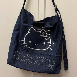 Christmas Gift Halloween Sanrio Hello Kitty Girl Denim Handbag Cartoon Cute Large Capacity Student Bucket Bag Kawaii Fashion New Travel Bag Shoulder Bag