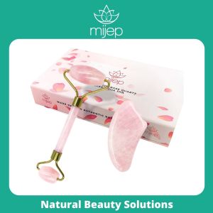 MIJEP Rose Quartz Roller & Gua Sha - Stunning Premium Quality Natural Stone Facial GuaSha and Face Massager Tools. Traditional Crystal Facial Scraping Tool and Rollers (Jade Roller Alternative)