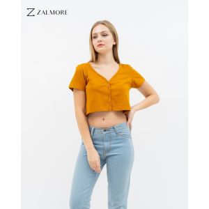 Zalmore Crop Vneck Button T-Shirt Premium LUMA Cotton - Kaos Crop Top Wanita Lembut Ringan Sejuk Anti Nerawang