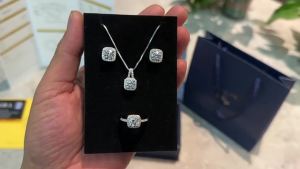 Hot-selling Douyin and Kuaishou influencer live streams S925 Pure Silver Moissanite Square Set Three-Piece Jewelry Set: Ring Earrings Necklace for Women 2026