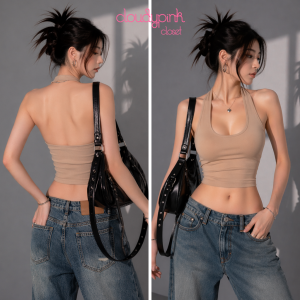 [LOẠI 1] Áo croptop cổ yếm hở lưng cotton co giãn có mút ngực form ôm CloudyPink