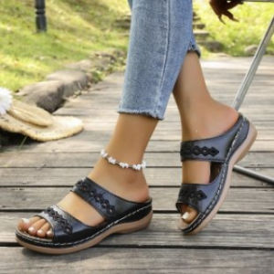 [Free Shipping] Double-Layer Hollow Carved One-Line Wedge Heel Sandals For Women Plus Size Summer Outdoor Wear Slip-On Non-Slip Soft Sole Casual Style