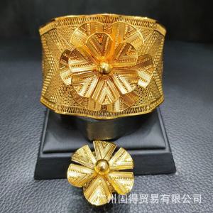Trang Sức Dubai 24k Hoa Mạ Vàng Vòng Tay Lớn Bộ Trang Sức Nhẫn Cưới Cô Dâu Phong Cách Dân Tộc