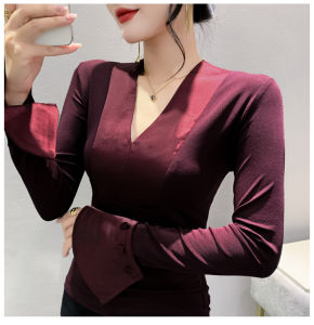 Rehin mùa thu và mùa đông Áo thun lưới nối tay dài cổ chữ V thời trang mới áo cánh ôm vừa thanh lịch cho nữ