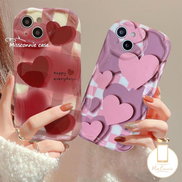 MissConnie Ins Pink Gradient Love Heart Tpu Soft Phone Case Compatible for  IPhone 11 XR 6s Plus 13 11 12 14 Pro Max X XS Max SE 2020 3D Wavy
