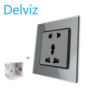 Delviz Tempered Glass Panel AC 110V~250V 86mm*86mm 5 hole plug jacks Electric Outlet Wall 16A Power  Single Socket