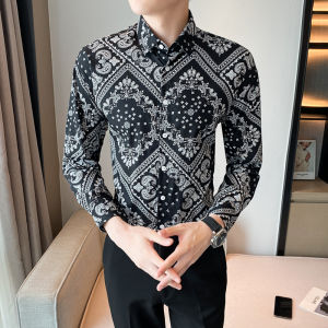 Cozy Up Spring Men Slim Floral Print Long Sleeve Shirt Turn Down Collar Button Blouse Luxury Social Shirts Holiday Party Tops