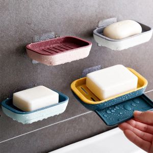 DM Double Single Deck Soap Tray Drain Free Punching Shelves Laundry Soap Tray Seamless Paste Bathroom Soap Box Wall-Mounted Soap Holder-Blue