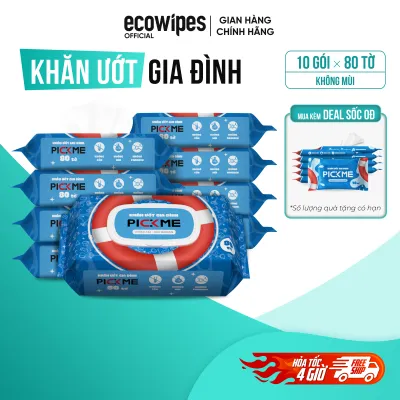 MUA 10 TẶNG 10_Thùng 10 gói khăn ướt cho bé gói 80 tờ PickMe EcoWipes không mùi siêu tiết kiệm TẶNG 10 PickMe 10 tờ