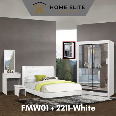 Home Elite Bedroom Set Sliding Door Wardrobe Closet with Cabinet Queen Size Bedframe Modern Living Room Bedroom Cupboard Bedside Dressing Table Set Bilik Tidur Baju Almari Baju / Almari Rak Baju