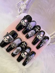 100% HANDMADE Artificial Nail Kuromi Baroque dark nail art sweet cool style cross nails Phototpy Press on Nails Reusable and Removable Nails with Toolkit