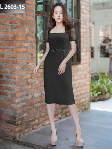 LooWear- Dress Scuba Kasual Formal Wanita Lengan Tile Puff Pendek Modern Kekinian Terbaru
