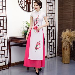 Aodai ชุดจีนแบบดั้งเดิมเดรสปักลายดอกไม้ประจำชาติชุดกี่เพ้าย้อนยุคจากเวียดนาม2025ชองซัมชั้นดีที่ปรับปรุงใหม่