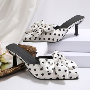 [Free Shipping] Fashionable New Polka Dot High-Heeled Sandals For Women Featuring A Slender Heel Pointed Toe Elegant Design And A Bow Detail